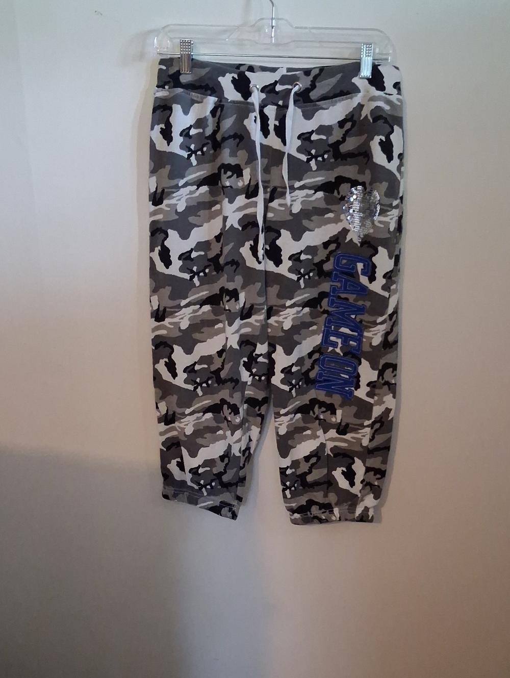 Bobbie Brooks Gray Camo Joggers with Blue Lettering and Silver Sequin Heart